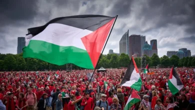 متظاهرون يرفعون أعلام فلسطين خلال أكبر تظاهرة في هولندا خلال 20 عاماً بمدينة لاهاي احتجاجاً للحرب الصهيونية على قطاع غزة